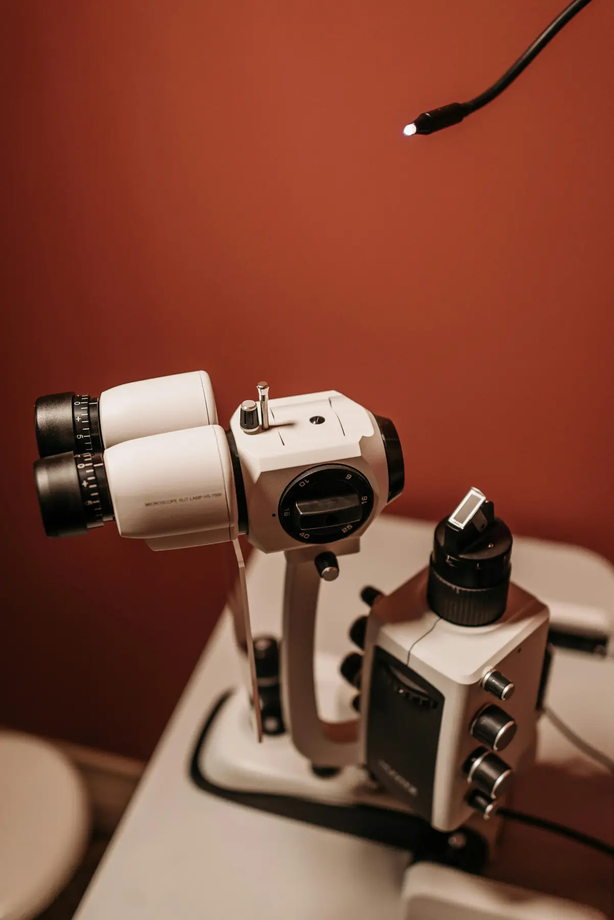 Optical microscope on a laboratory bench