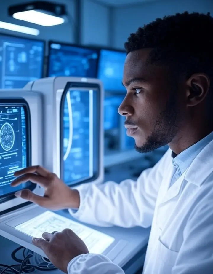Researcher analysing microscopy images on a workstation